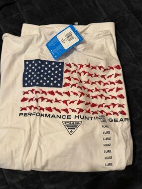 Columbia White Short Sleeve Performance Tee with Red Bird Flag Graphic